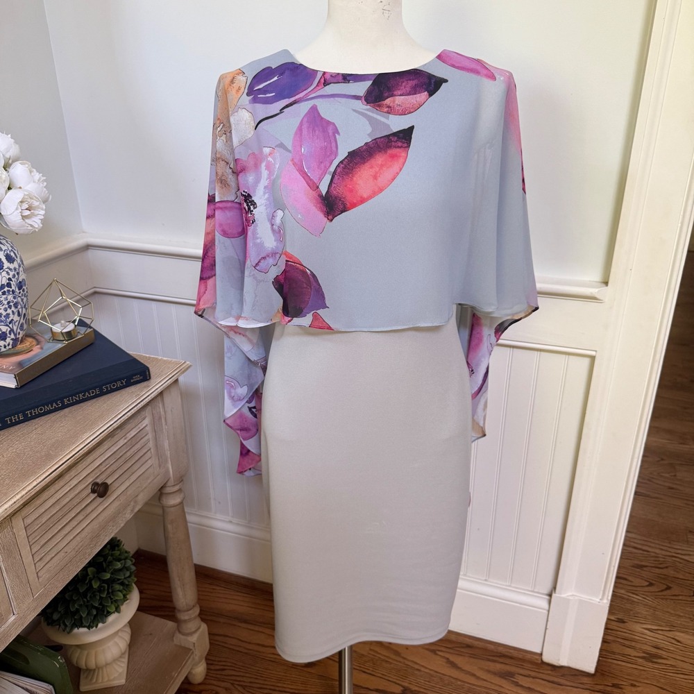 Joseph Ribkoff Signature Grey Floral Cape Overlay Sheath Dress Size 6 NEW